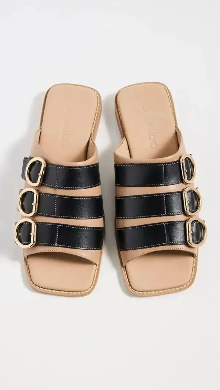 New $410 Women's Shekudo Buckled Sandals Flats Slides Size 10 Tan/Black